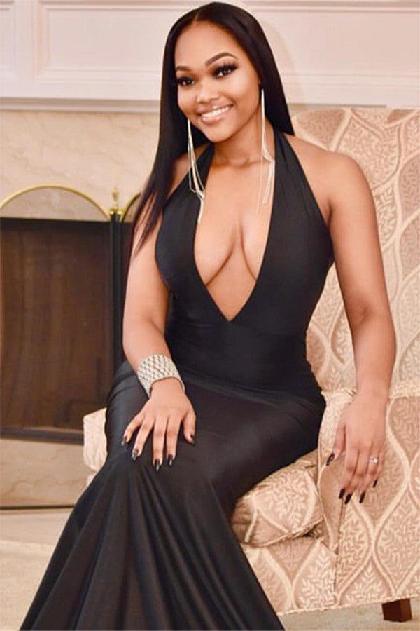 Ausgezeichnetes langes schwarzes Ballkleid im Meerjungfrau-Stil mit Neckholder und offenem Rücken