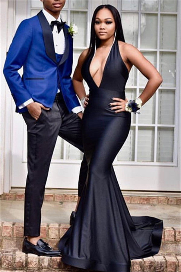 Ausgezeichnetes langes schwarzes Ballkleid im Meerjungfrau-Stil mit Neckholder und offenem Rücken