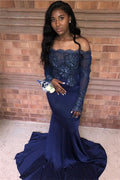 Excellent Long Mermaid Off-the-shoulder Appliques Con Pizzo Prom Dress con Maniche