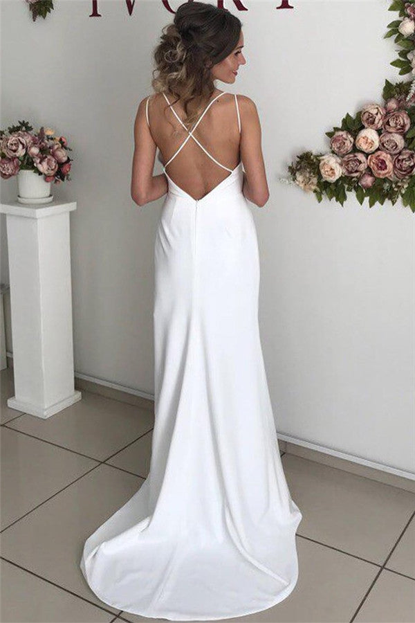 Excellent Lange Meerjungfrau Satin Weiß Rückenfreies Brautkleid mit Schlitz