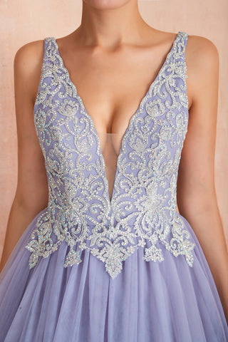 Excellent Long Princess V-neck Sleeveless Tulle Backless Prom Dress