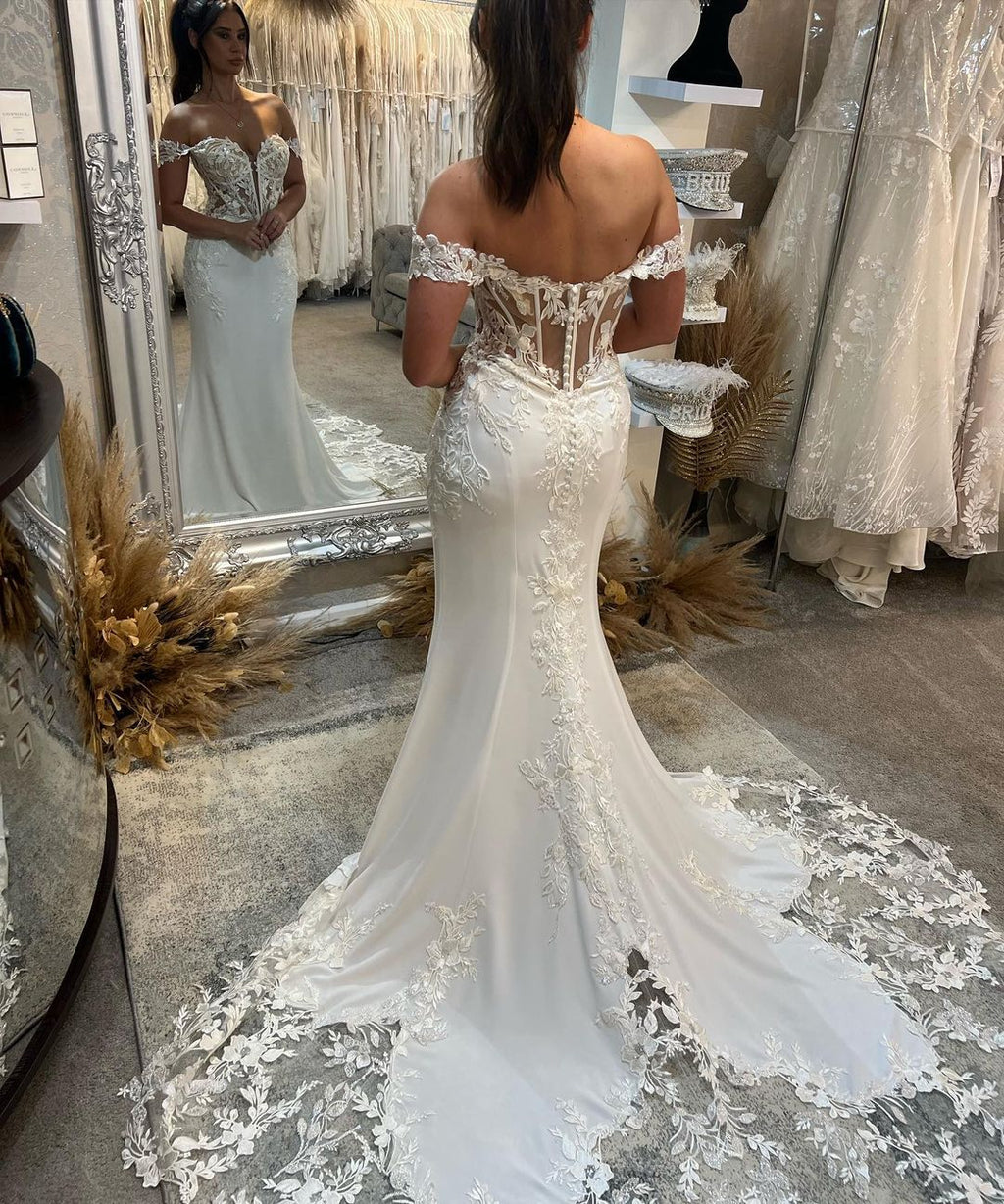 Exquisite Bodenlange Herz-Ausschnitt Ärmellos Off-The-Shoulder Meerjungfrau Spitze Brautkleid