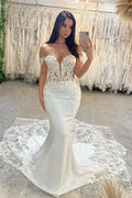 Exquisite Bodenlange Herz-Ausschnitt Ärmellos Off-The-Shoulder Meerjungfrau Spitze Brautkleid