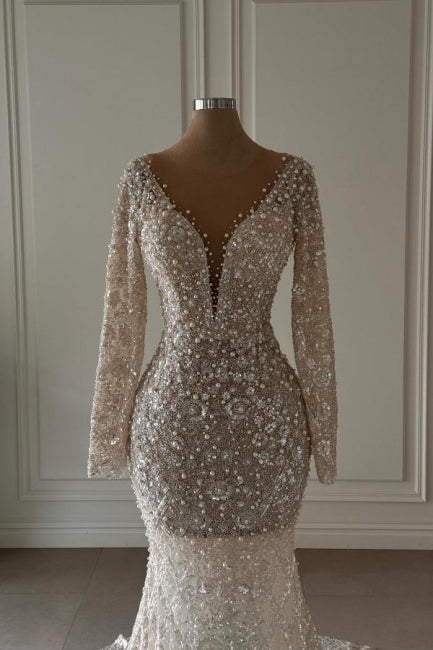 Exquisite Lange Meerjungfrau V-Ausschnitt Spitze Langarm-Brautkleid mit Perlen