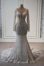 Exquisite Lange Meerjungfrau V-Ausschnitt Spitze Langarm-Brautkleid mit Perlen