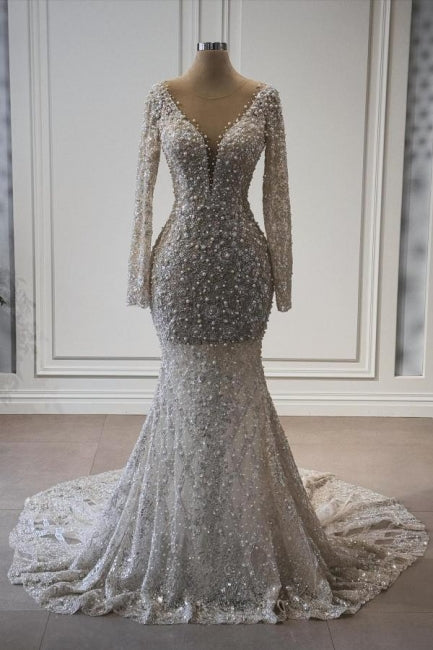 Exquisite Lange Meerjungfrau V-Ausschnitt Spitze Langarm-Brautkleid mit Perlen