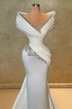 Exquisito Vestido de Novia Blanco Largo de Sirena con Hombros Descubiertos, Encaje, Satén y Pedrería