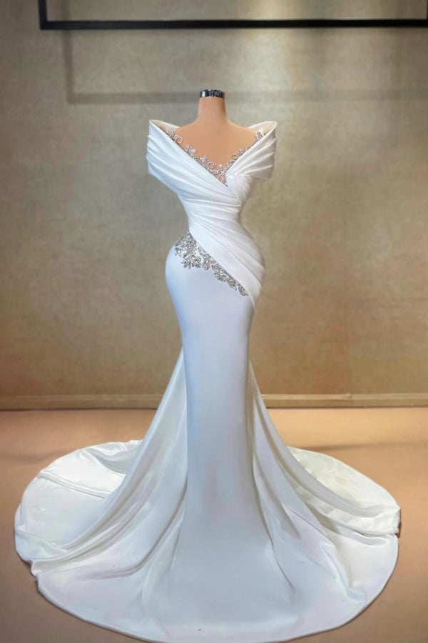 Exquisito Vestido de Novia Blanco Largo de Sirena con Hombros Descubiertos, Encaje, Satén y Pedrería