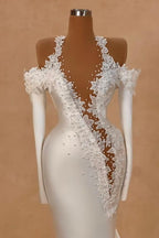 Exquisite Lange Weiße Meerjungfrau-Träger Satin Langarm-Brautkleid mit Perlen