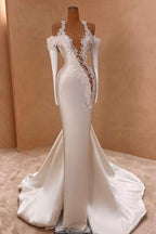 Exquisite Lange Weiße Meerjungfrau-Träger Satin Langarm-Brautkleid mit Perlen