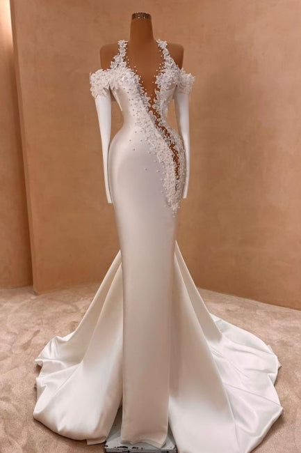 Exquisite Lange Weiße Meerjungfrau-Träger Satin Langarm-Brautkleid mit Perlen