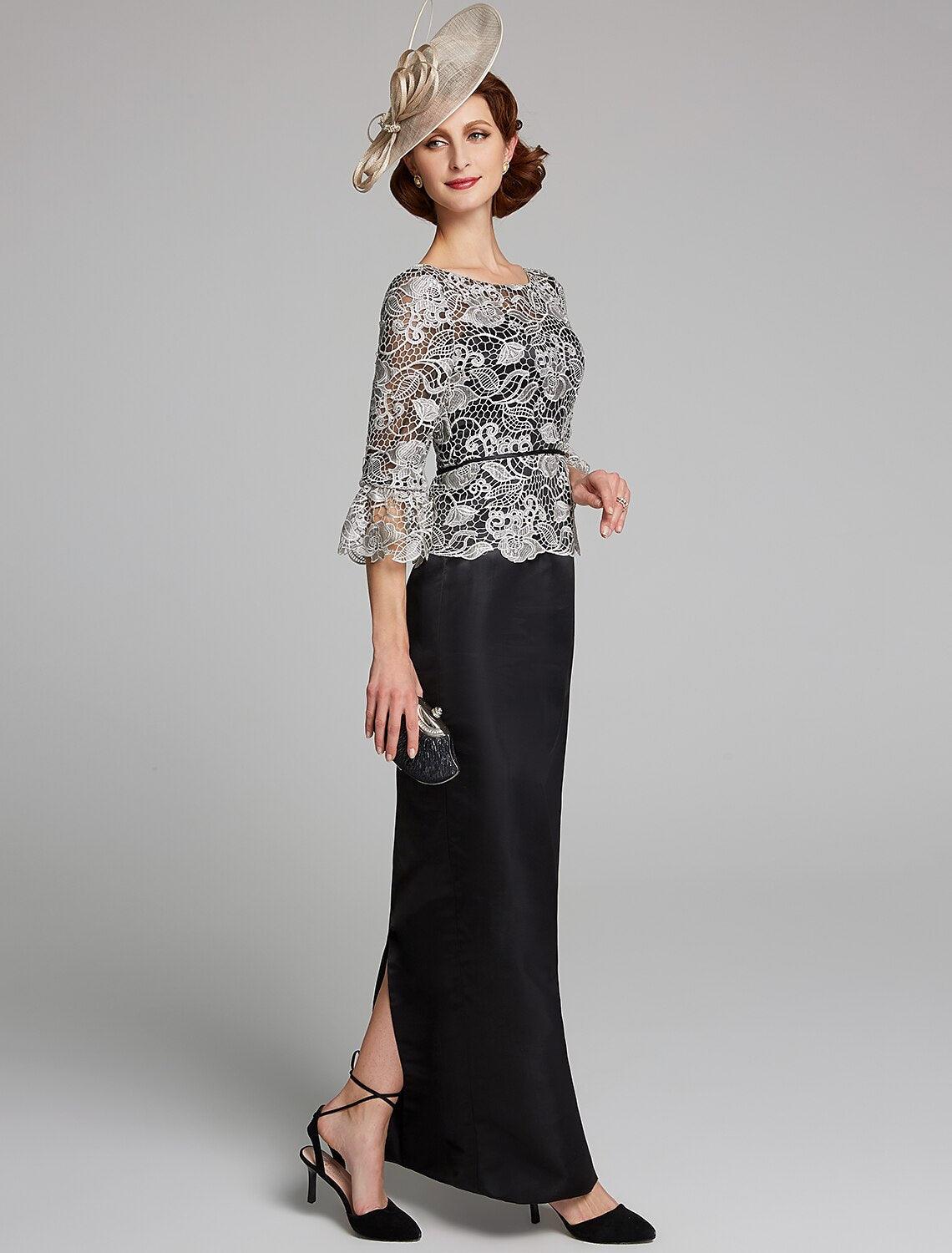 Vestido de mãe da noiva com bainha/coluna, decote em joia, comprimento até ao chão, cetim com renda, manga 3/4 com renda