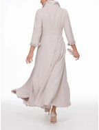 Vestido de duas peças com bainha/coluna para mãe da noiva, festa de casamento, elegante, inverno, com casaco, manga 3/4, gola tipo camisa, comprimento até ao tornozelo, chiffon, pregas, cor sólida