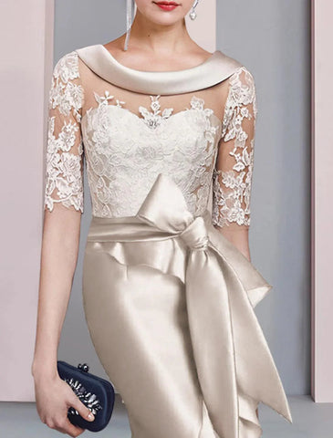 Meerjungfrau/Trompete Kleid für die Brautmutter, formelle Kleider für Hochzeitsgäste im Herbst, elegant, hoch und tief, U-Ausschnitt, Pinselschleppe, asymmetrisch, Satin, Spitze, halbe Ärmel mit Schleife(n), Applikationen