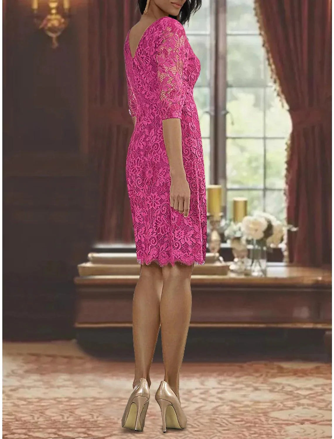 Vestido de mãe da noiva de duas peças, bainha/coluna, formal, para convidados de casamento, elegante, decote redondo, comprimento até ao joelho, chiffon, renda, manga 3/4, vestidos casaco com cor sólida, outono