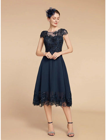 Elegantes Vintage-Kleid für formelle Hochzeitsgäste mit U-Ausschnitt, knielang, Spitze, 3/4-Ärmel und Paillettenapplikationen, Mutter der Braut