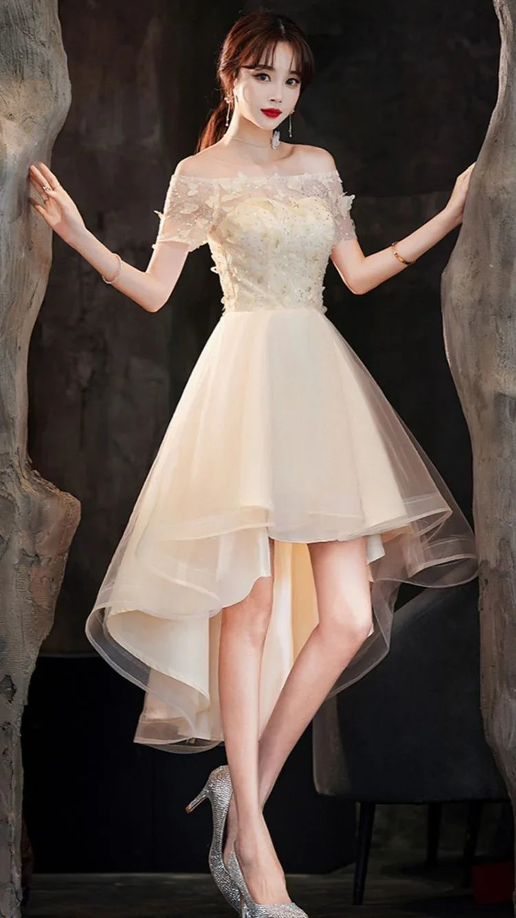 Champagner Tüll High-Low-Abschlussballkleid Champagner Abendkleid Y983