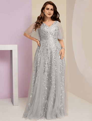 Plus Size Curve Kleid für die Mutter der Braut, Party, Sparkle &amp; Shine, V-Ausschnitt, bodenlang, Spitze, Tüll, kurze Ärmel mit Falten, Pailletten