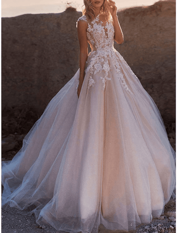 Formelle Brautkleider Kapellenschleppe Ballkleid Ärmellos Illusionsausschnitt Spitze Brautanzüge Mit Knöpfen Applikationen