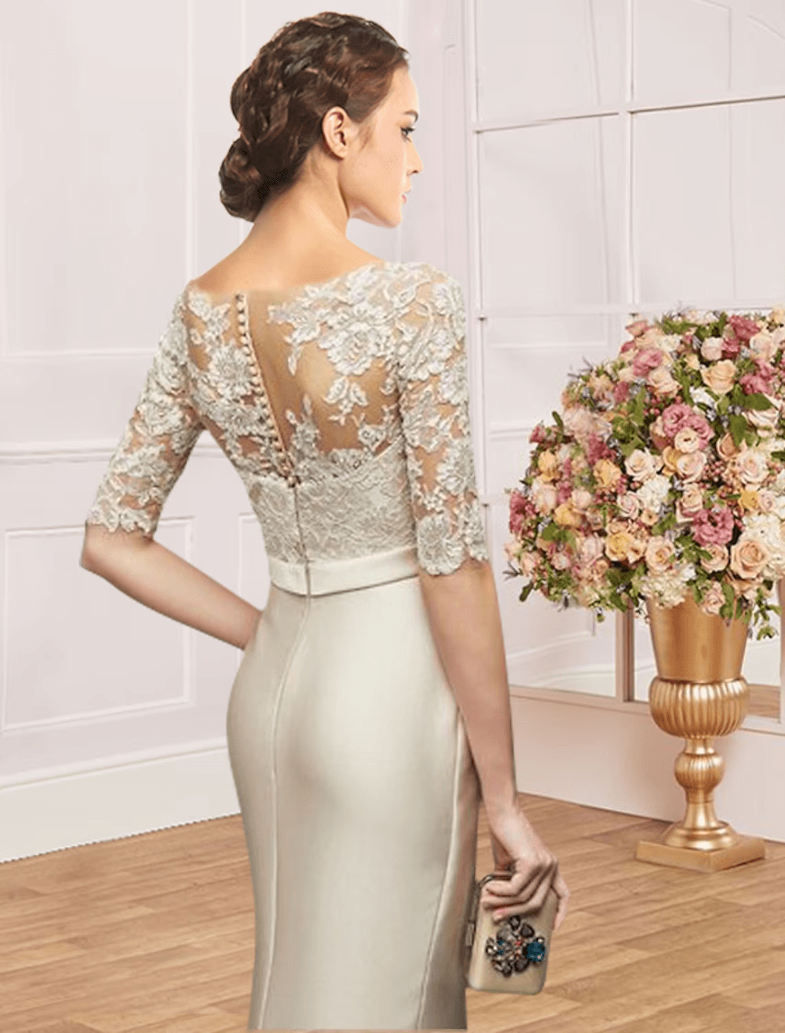 Vestido tubinho/coluna para mãe da noiva, convidada de casamento, festa, elegante, decote em joia, comprimento até ao chão, cetim, renda, meia manga com laço(s), franzido