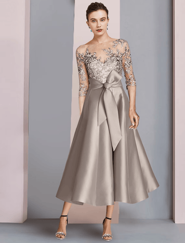 Zweiteiliges A-Linien-Kleid für die Mutter der Braut, formelle Kirche, Party, eleganter U-Ausschnitt, knielang, Satinspitze, halbe Ärmel mit Applikationen und Rüschen