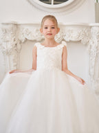 Elegant White Tulle Flower Girl Dress with Sweep Train