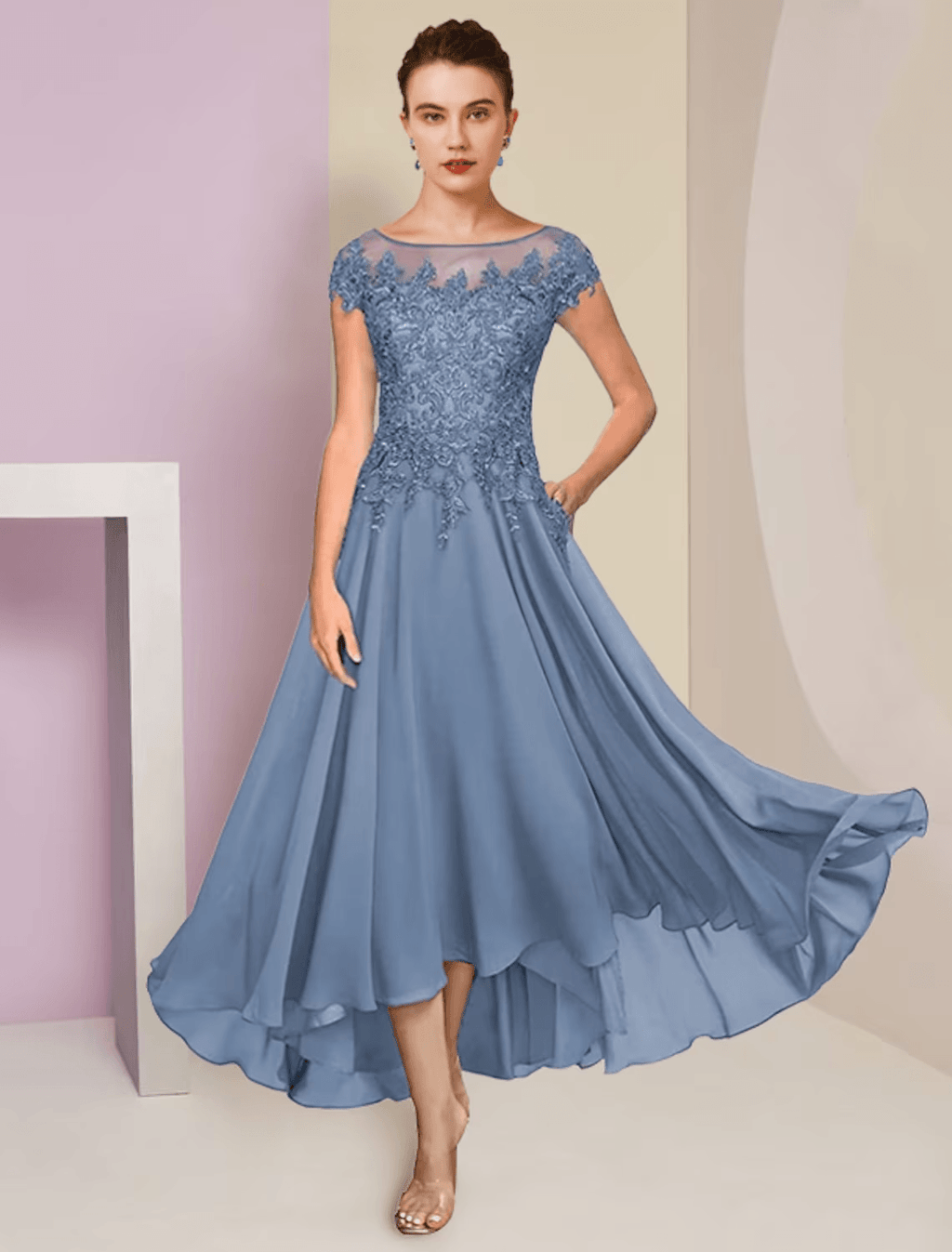Zweiteiliges A-Linien-Kleid für die Mutter der Braut, formelle Hochzeitsgäste, eleganter hoher und niedriger U-Ausschnitt, asymmetrische knielange Chiffonspitze, kurze Ärmel, Wickelkleid inklusive Pailletten-Applikationen