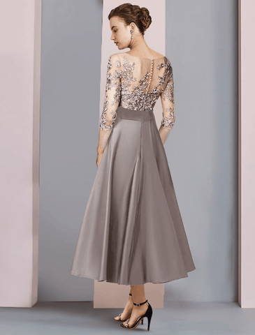 Zweiteiliges A-Linien-Kleid für die Mutter der Braut, formelle Kirche, Party, eleganter U-Ausschnitt, knielang, Satinspitze, halbe Ärmel mit Applikationen und Rüschen