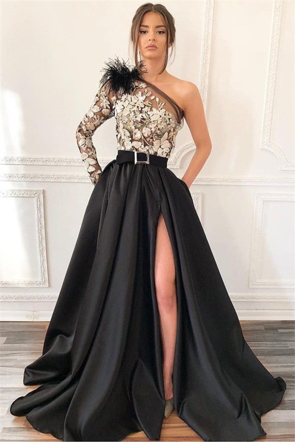 Fabulous A-line One Shoulder Front Slit Long Prom Dress with Pockets