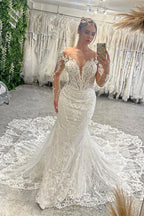 Fabelhaftes langes Meerjungfrauen-Brautkleid mit V-Ausschnitt, langen Ärmeln, Spitze und Kapellenzug