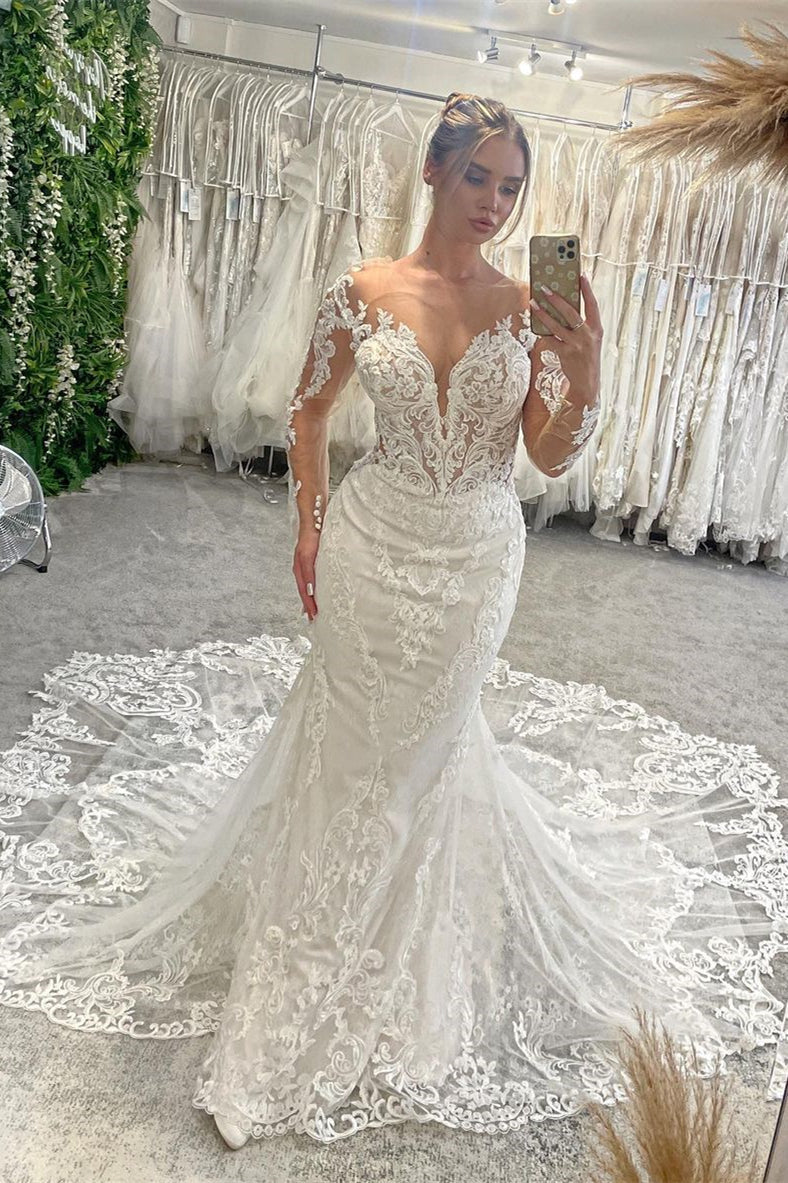 Fabelhaftes langes Meerjungfrauen-Brautkleid mit V-Ausschnitt, langen Ärmeln, Spitze und Kapellenzug