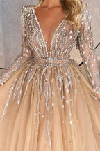 Fabulous Long A-line V-Neck Beading Tulle Prom Dress with Sleeves