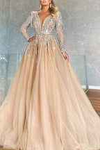 Fabulous Long A-line V-Neck Beading Tulle Prom Dress with Sleeves