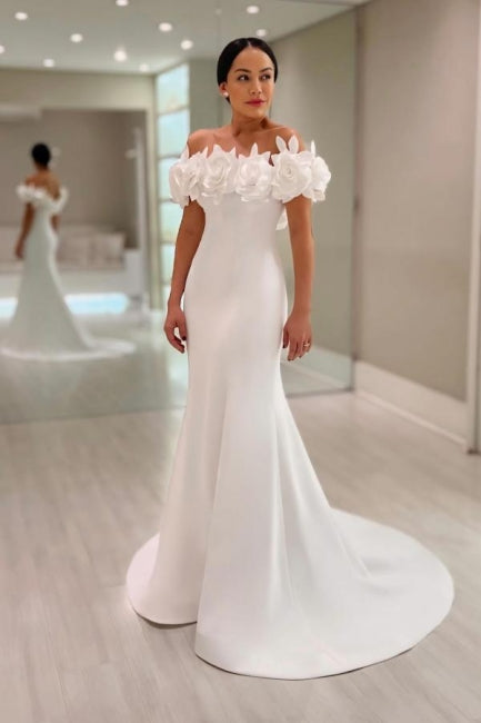 Fabelhaftes weißes Meerjungfrauen-Brautkleid aus Satin mit Trägerlos und ohne Ärmel