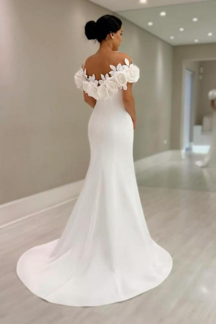Fabelhaftes weißes Meerjungfrauen-Brautkleid aus Satin mit Trägerlos und ohne Ärmel