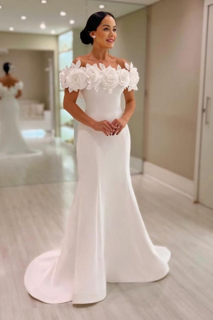 Fabelhaftes weißes Meerjungfrauen-Brautkleid aus Satin mit Trägerlos und ohne Ärmel