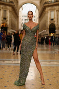 Vestido de fiesta largo de sirena sin mangas con lentejuelas y abertura alta