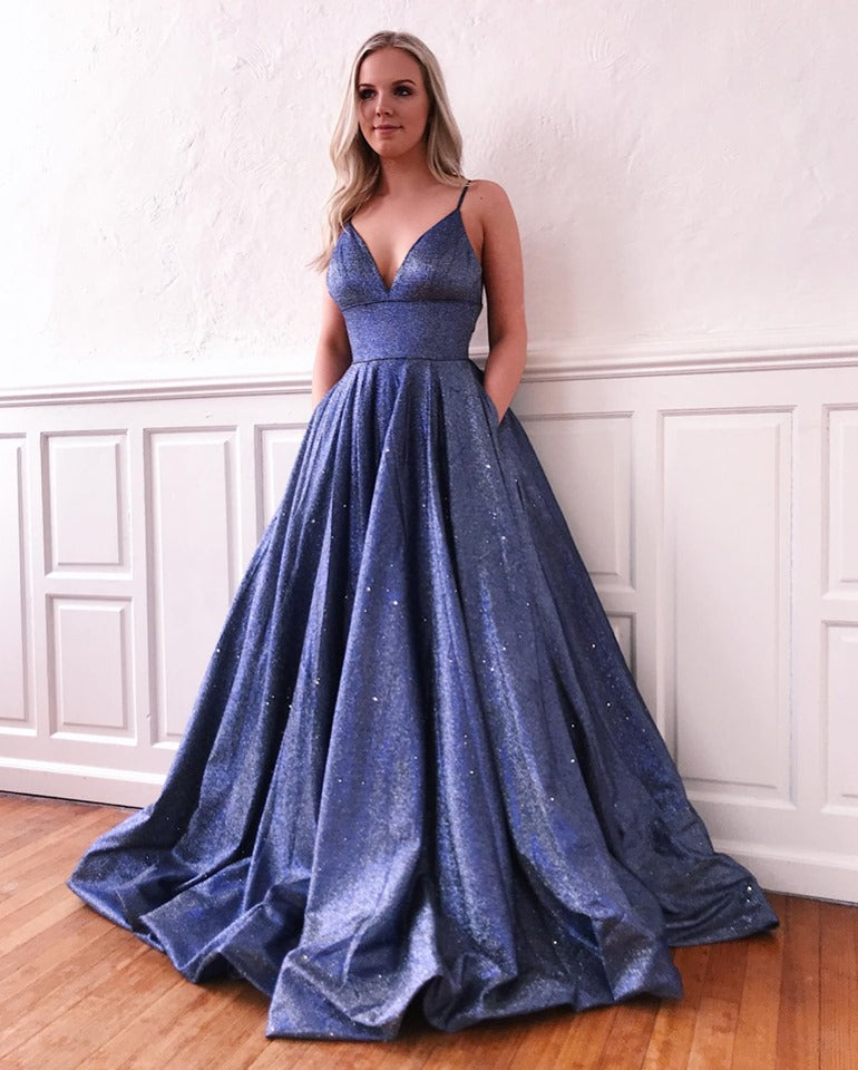 Fascinating Long A-line V-neck Bright silk Prom Dress with Pockets