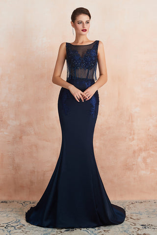 Faszinierendes langes Meerjungfrau-Abendkleid aus Satin mit Juwelen