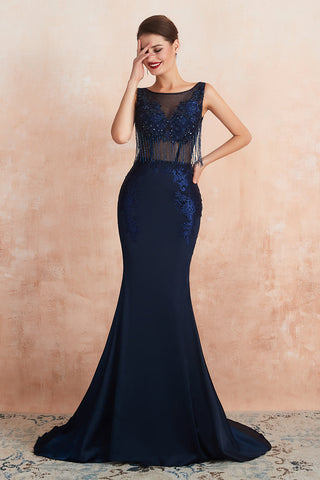 Faszinierendes langes Meerjungfrau-Abendkleid aus Satin mit Juwelen