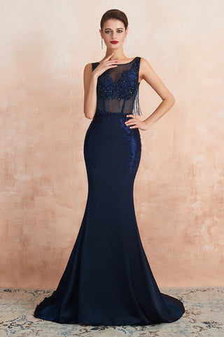 Faszinierendes langes Meerjungfrau-Abendkleid aus Satin mit Juwelen