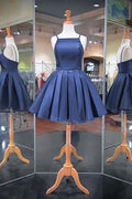 Abito da ballo in raso blu navy con spalline sottili alla moda 2023 PD040