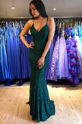 Abito da Sera Lungo Sirena Verde con Merletto e Allacciatura Moda PSK034