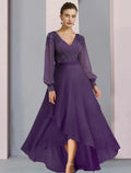 Etuikleid/Säulenkleid für die Brautmutter, Hochzeitsgast, Party, elegant, V-Ausschnitt, asymmetrisch, Chiffon, Spitze, lange Ärmel mit Rüschen