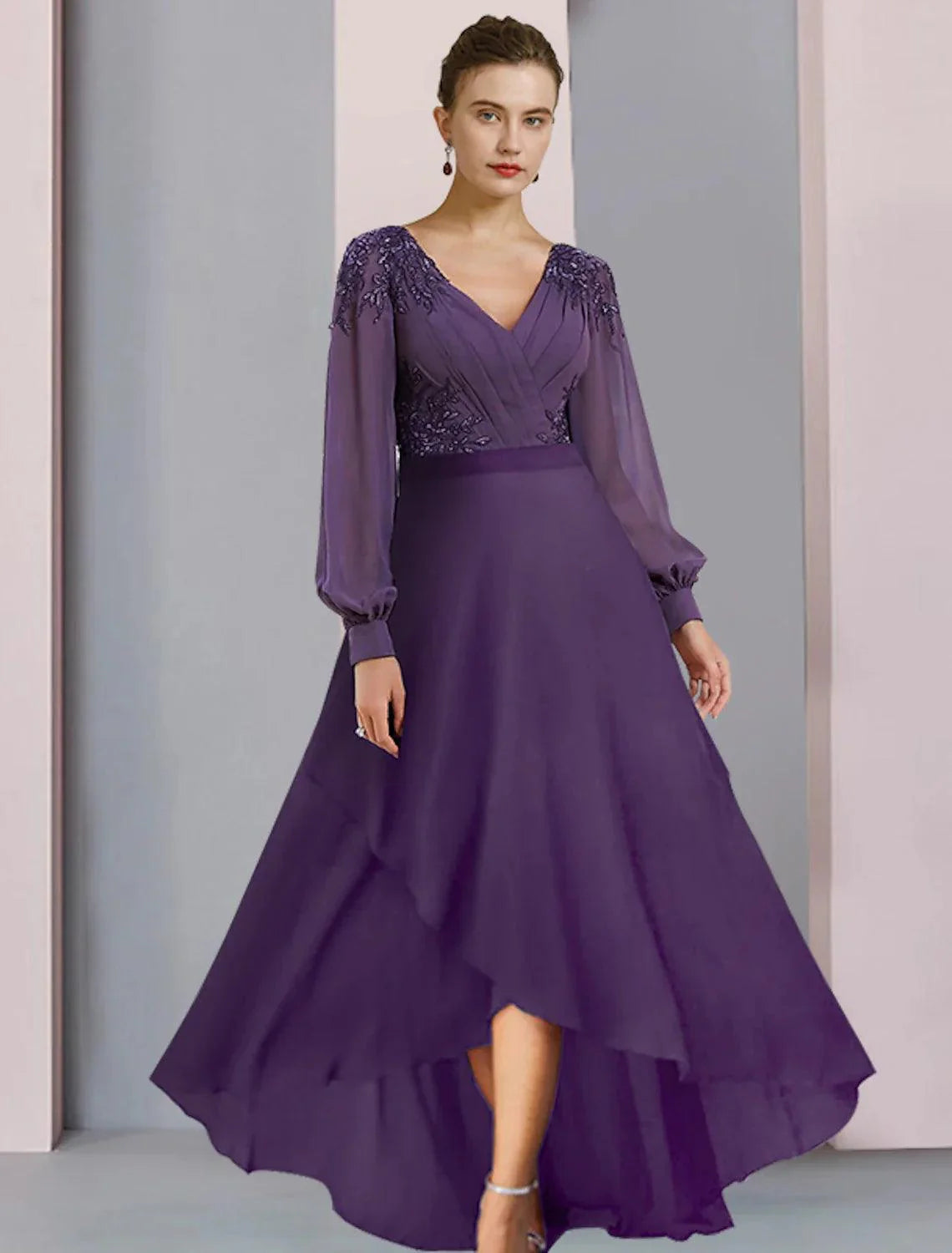 Vestido de festa para mãe da noiva, bainha/coluna, elegante, decote em V, assimétrico, chiffon, renda, manga comprida com franzido