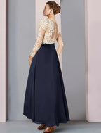 Vestido de festa para mãe da noiva, bainha/coluna, elegante, decote em V, assimétrico, chiffon, renda, manga comprida com pregas, bloco de cores