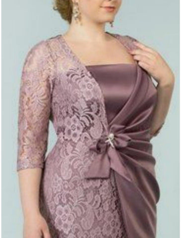 Kleider für die Brautmutter, Übergröße, geschwungen, Bauch verbergen, Hochzeitsgast, Party, elegant, quadratischer Ausschnitt, knielang, Spitze, Kunstseide, 3/4-Ärmel mit Schleife(n)