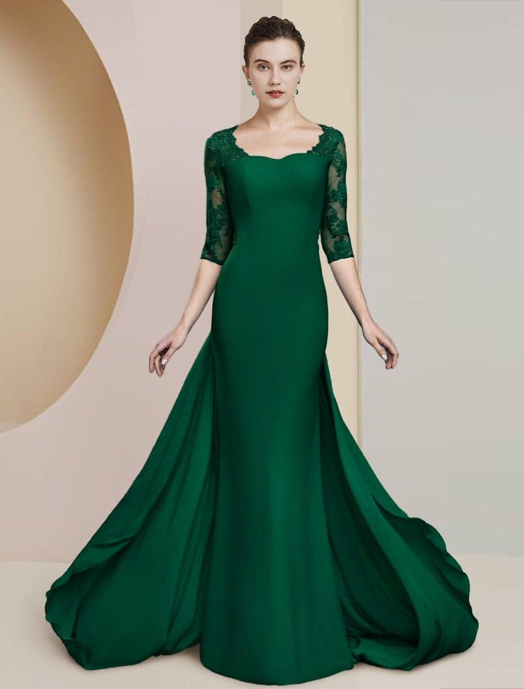 Vestido de mãe da noiva com bainha/coluna, para convidada de casamento formal, elegante, decote redondo, comprimento até ao chão, chiffon, renda, meia manga com aplicações