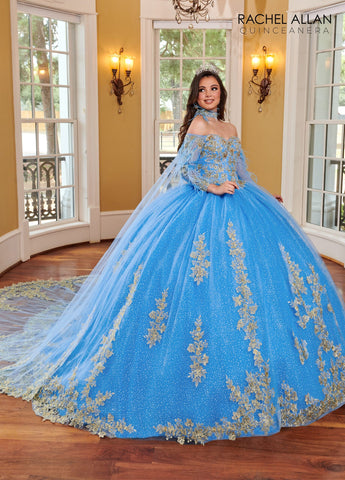 Quinceanera-Kleid mit Feder-Cape-Ärmeln von Rachel Allan RQ2167