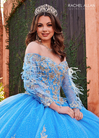 Quinceanera-Kleid mit Feder-Cape-Ärmeln von Rachel Allan RQ2167